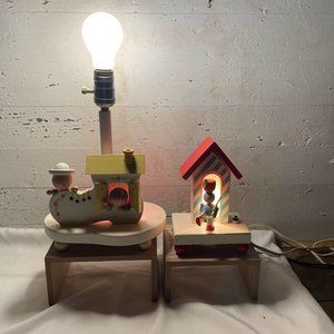 Pair of Nursery Plastics Lamps Old Woman In The Shoe Toy Soldier Vintage Nursery